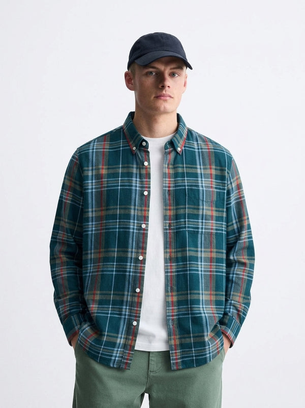 Men's Teal Green Multi-Check Flannel Cotton Shirt