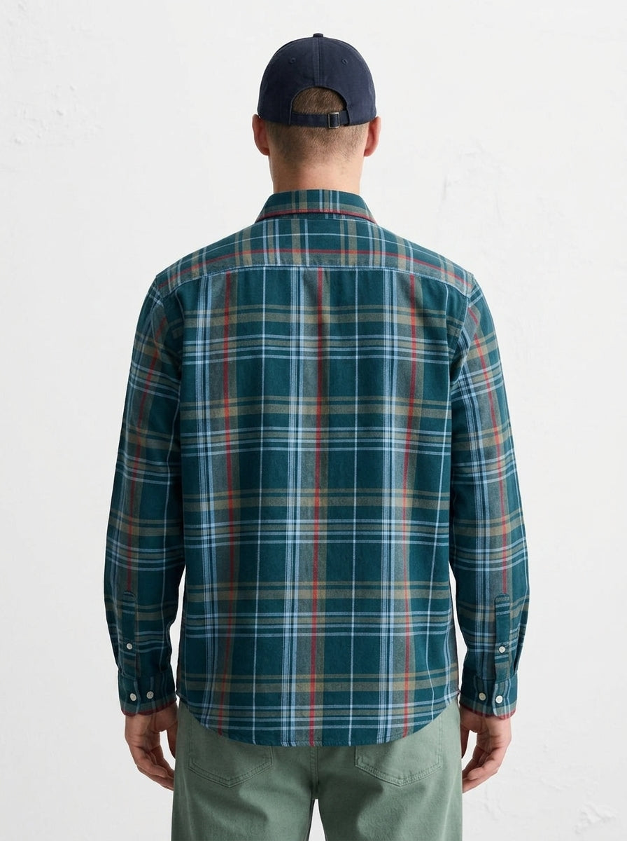 Men's Teal Green Multi-Check Flannel Cotton Shirt