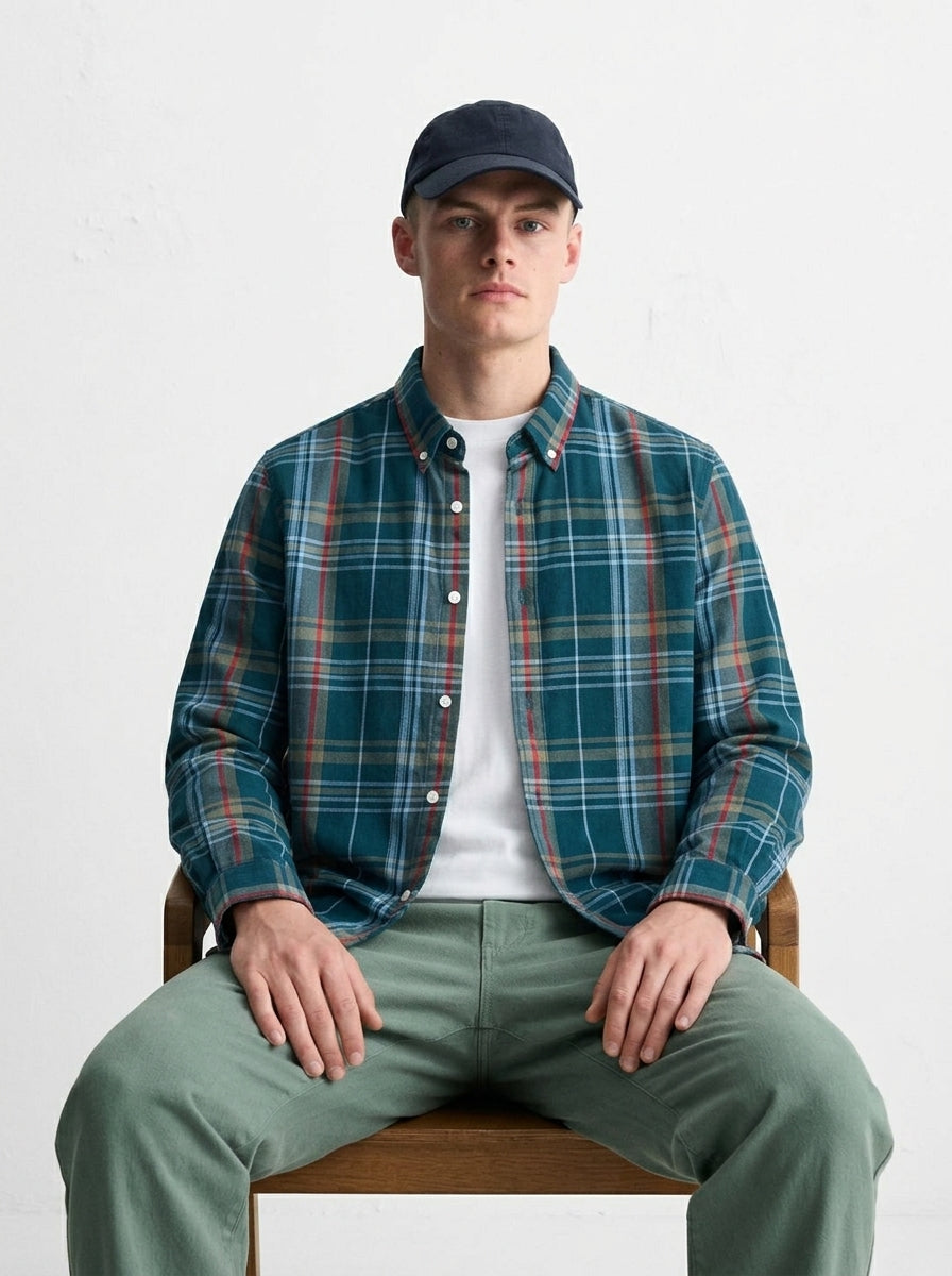 Men's Teal Green Multi-Check Flannel Cotton Shirt