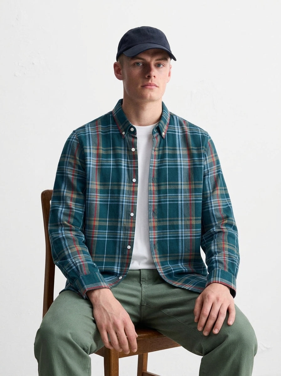 Men's Teal Green Multi-Check Flannel Cotton Shirt