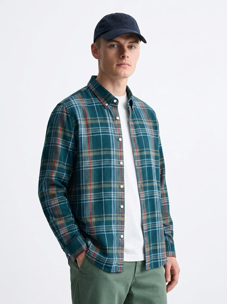 Men's Teal Green Multi-Check Flannel Cotton Shirt
