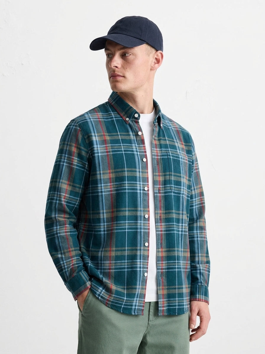 Men's Teal Green Multi-Check Flannel Cotton Shirt