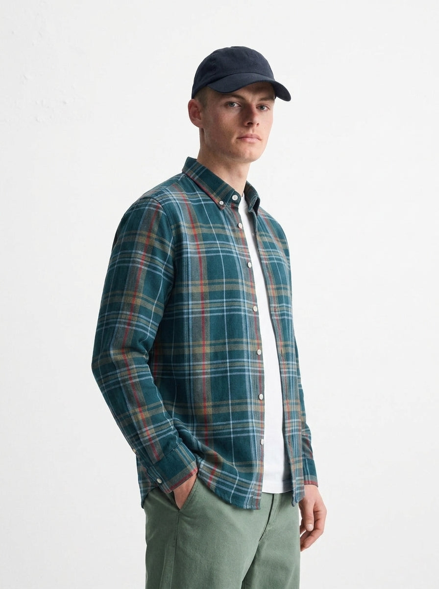 Men's Teal Green Multi-Check Flannel Cotton Shirt
