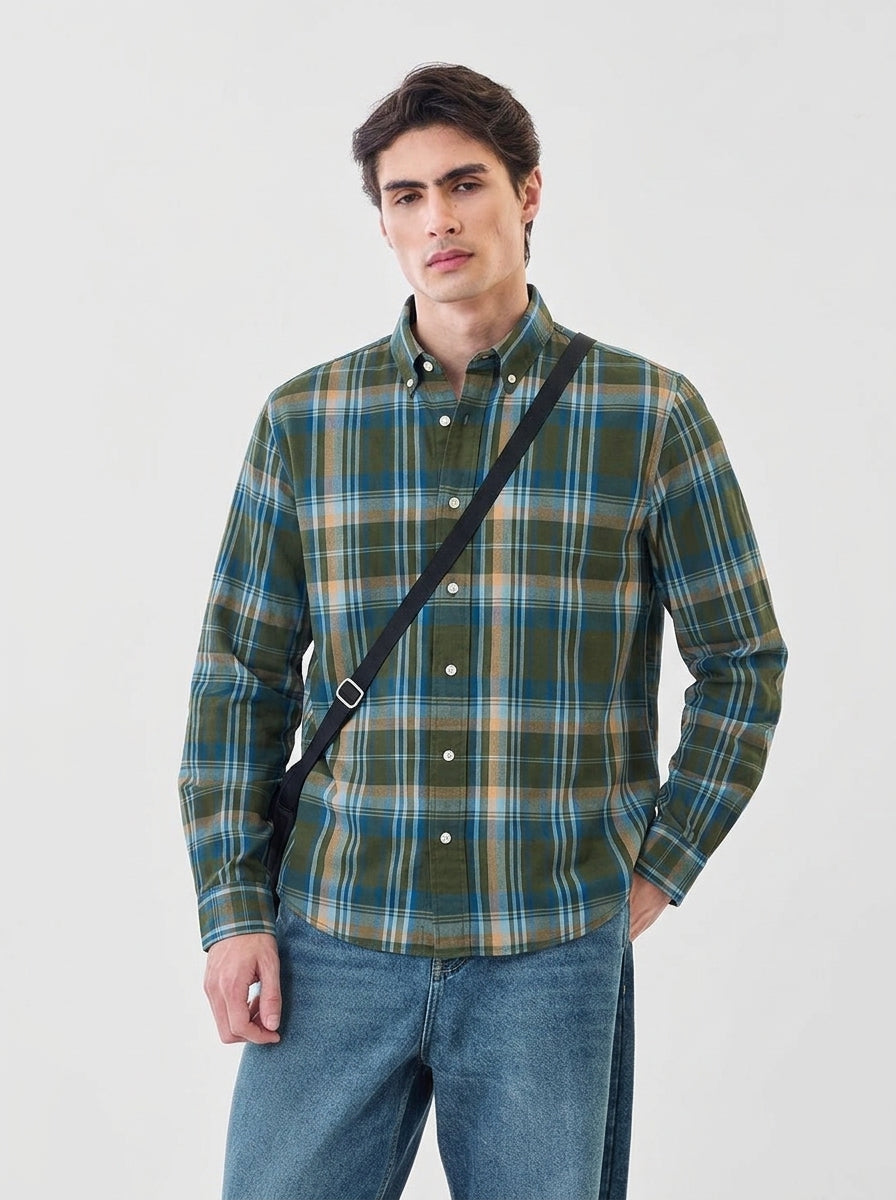 Men's Olive Green & Blue Flannel Check Cotton Shirt