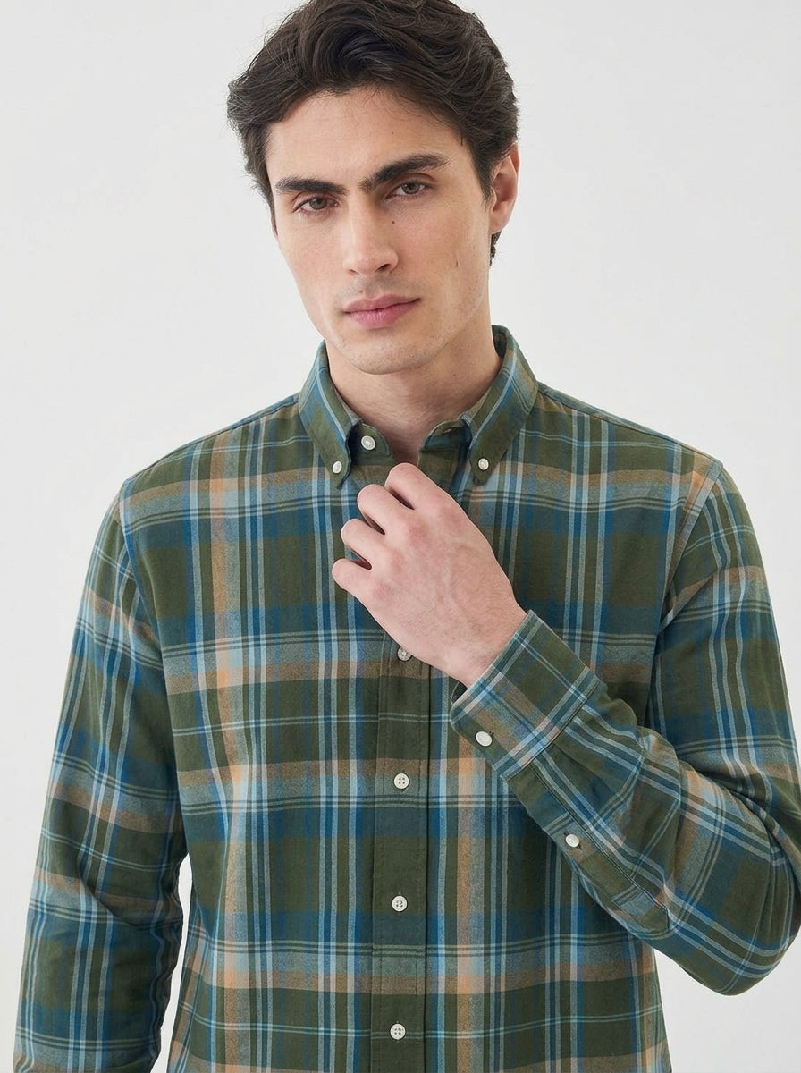 Men's Olive Green & Blue Flannel Check Cotton Shirt