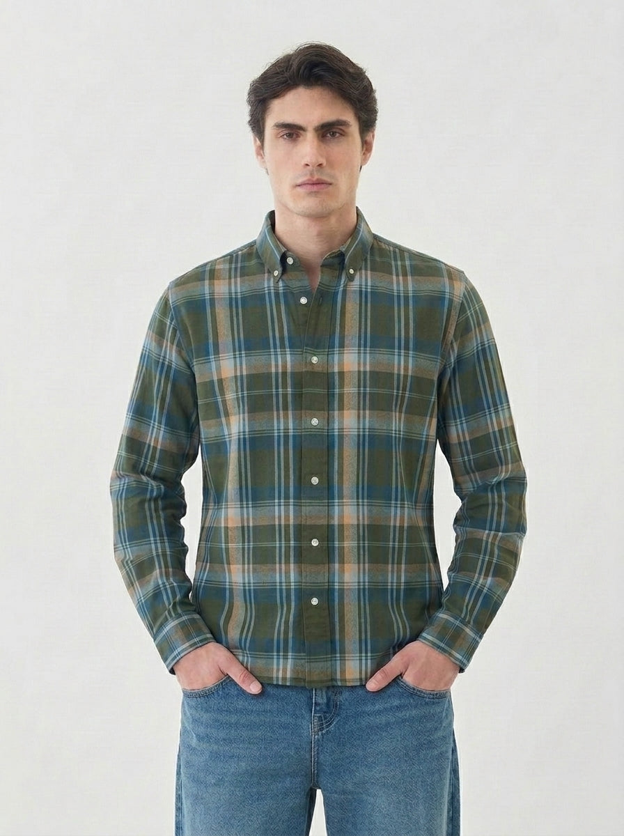 Men's Olive Green & Blue Flannel Check Cotton Shirt