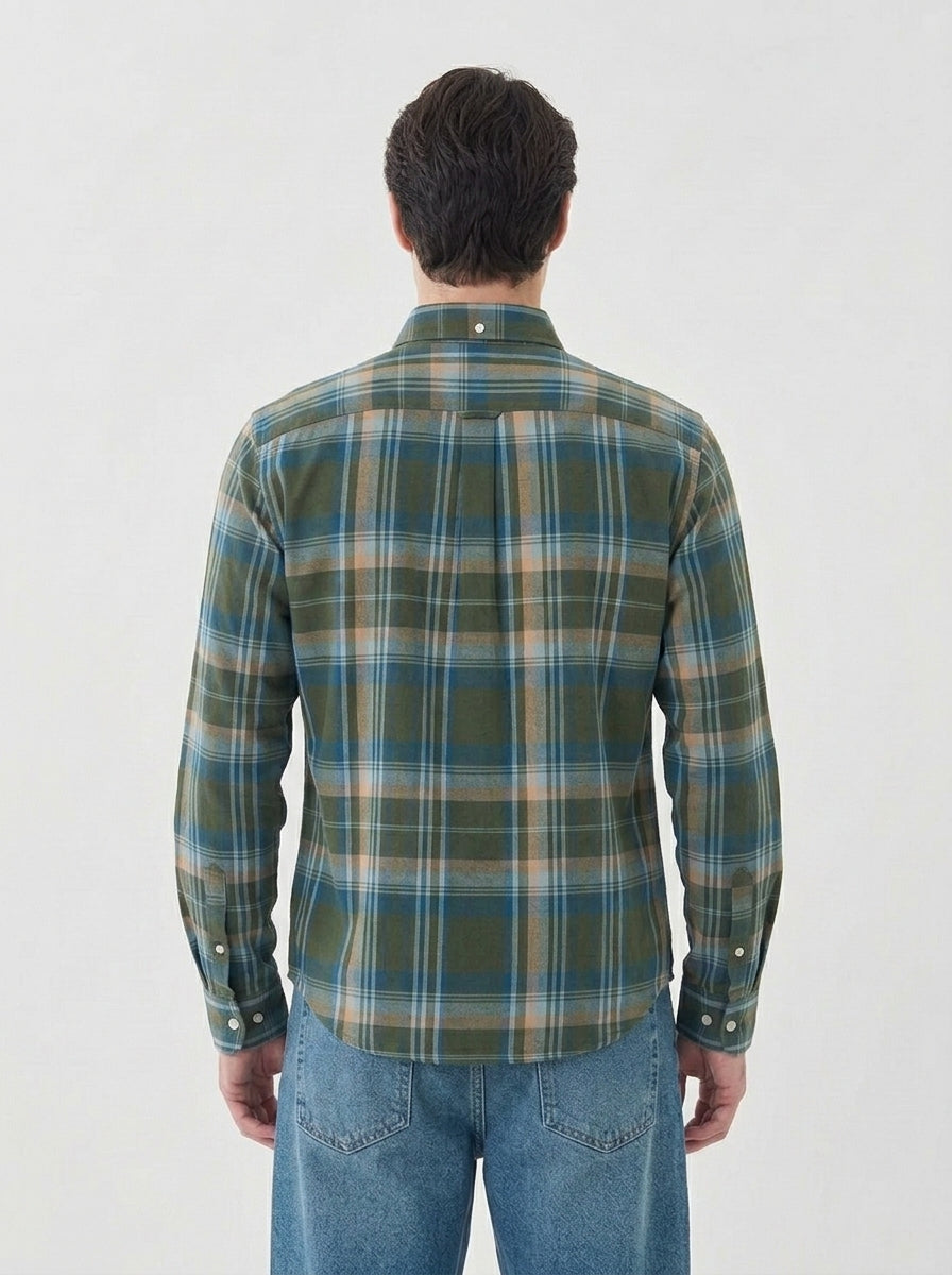Men's Olive Green & Blue Flannel Check Cotton Shirt