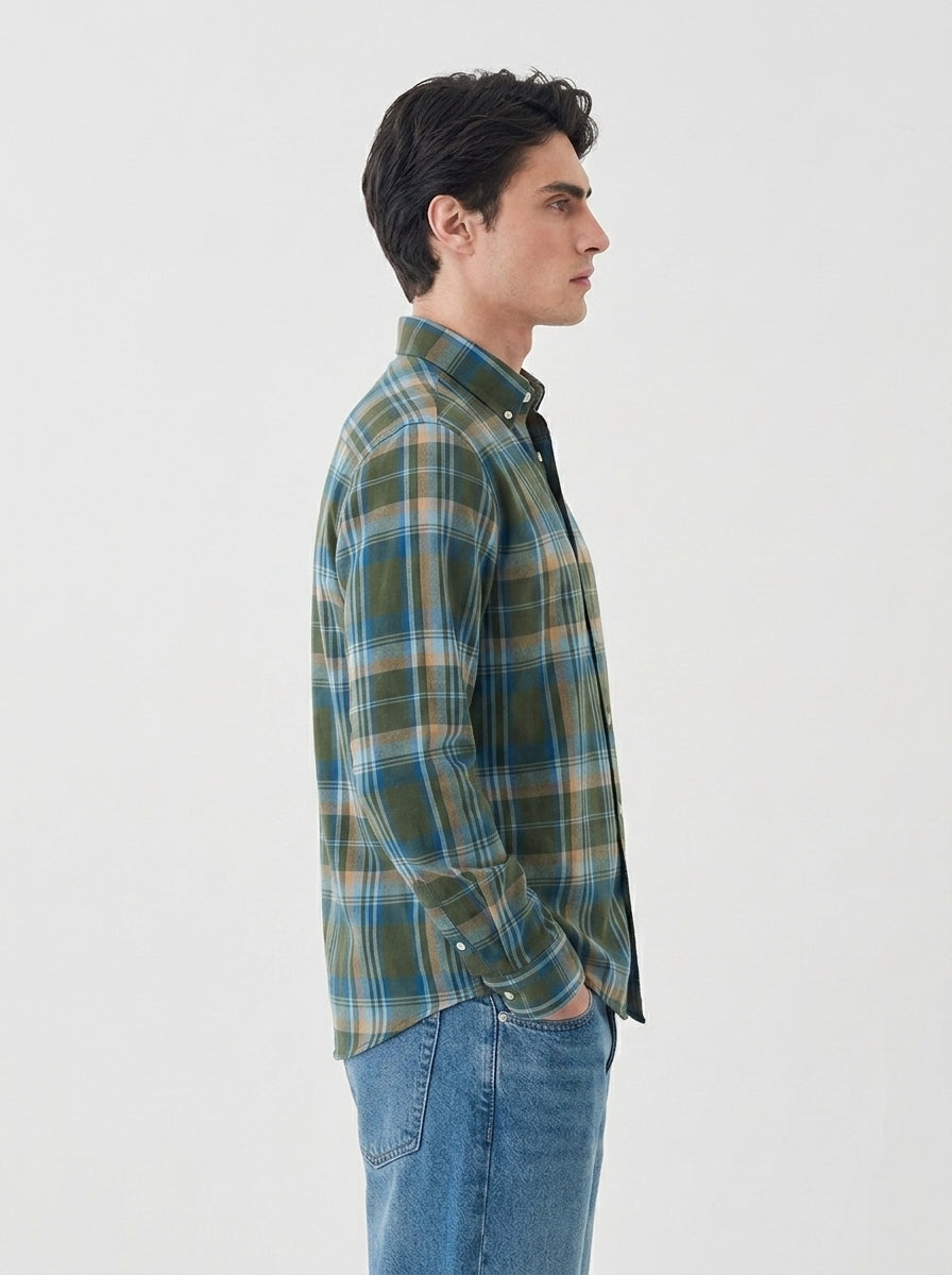 Men's Olive Green & Blue Flannel Check Cotton Shirt