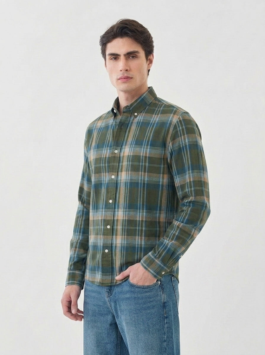 Men's Olive Green & Blue Flannel Check Cotton Shirt