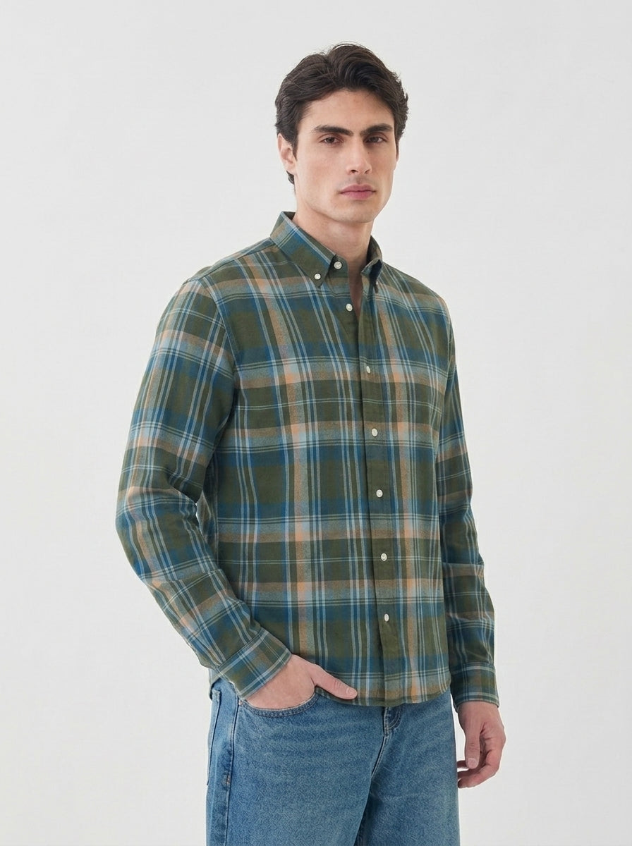 Men's Olive Green & Blue Flannel Check Cotton Shirt