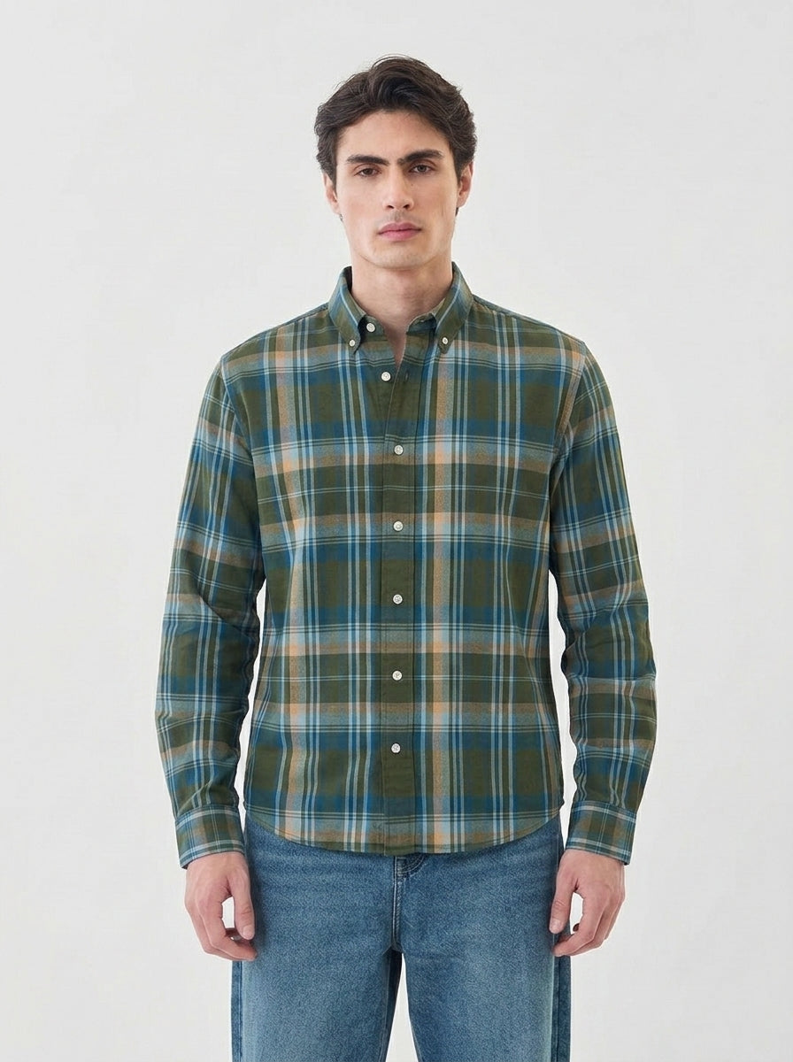 Men's Olive Green & Blue Flannel Check Cotton Shirt
