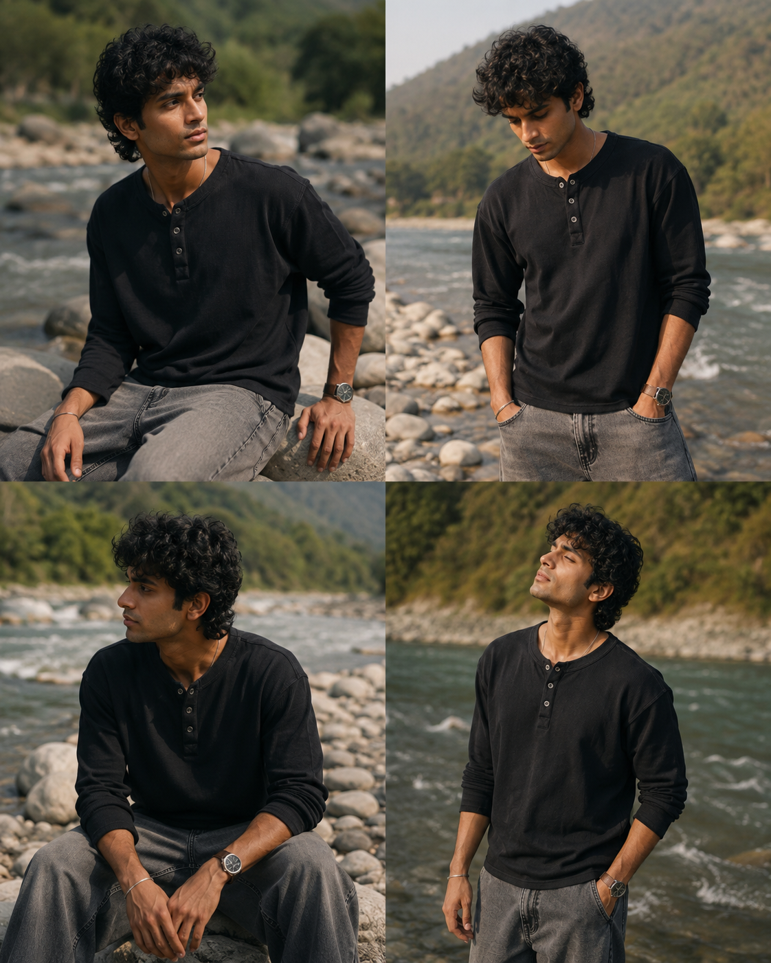 Black Henly Waffle Knit
