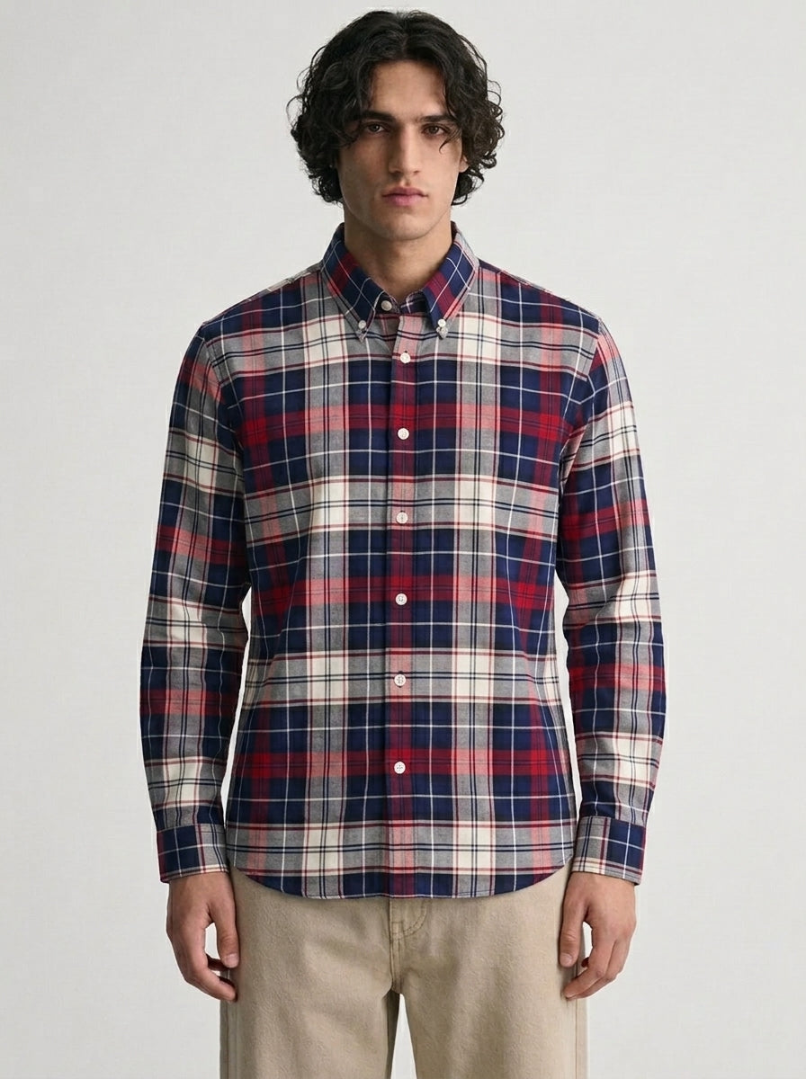 Men's Navy Blue & Red Plaid Flannel Cotton Shirt