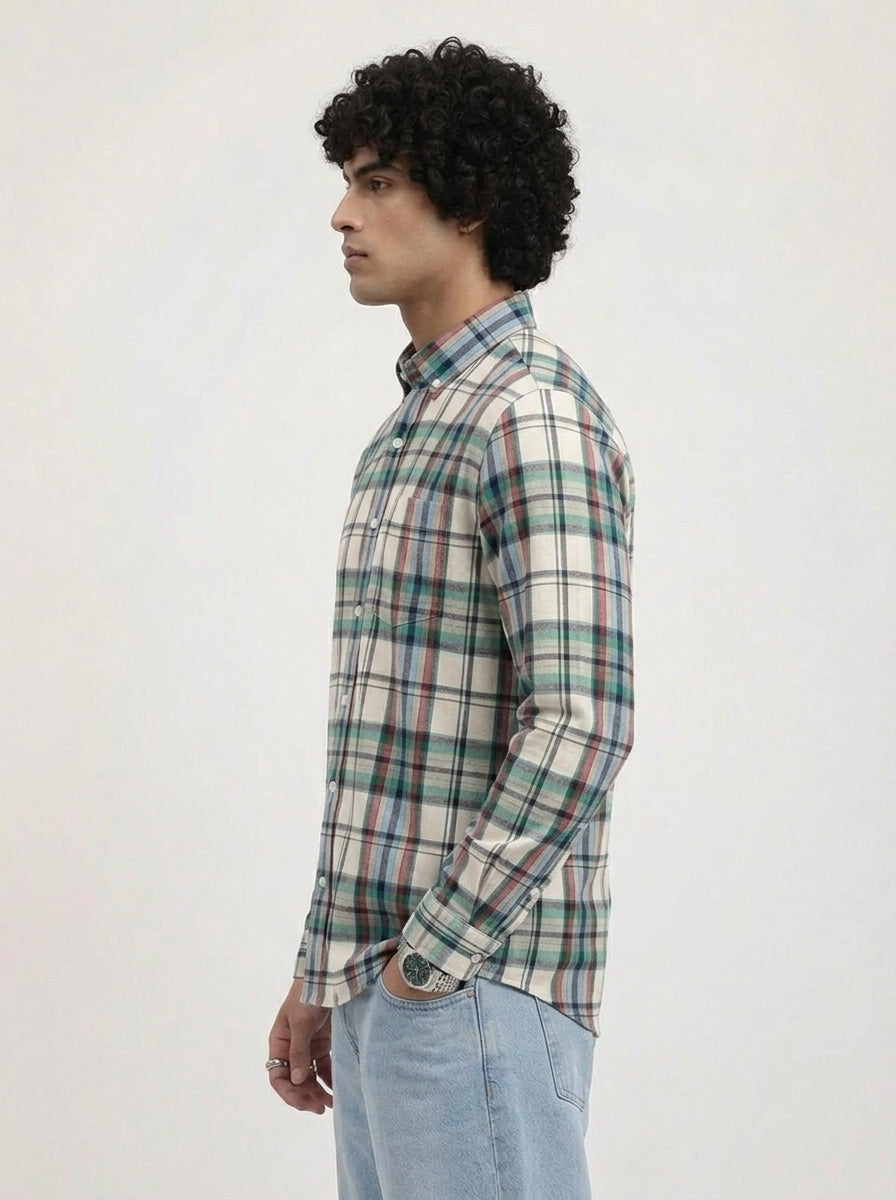 Men's Off White Multi-Check Flannel Cotton Shirt