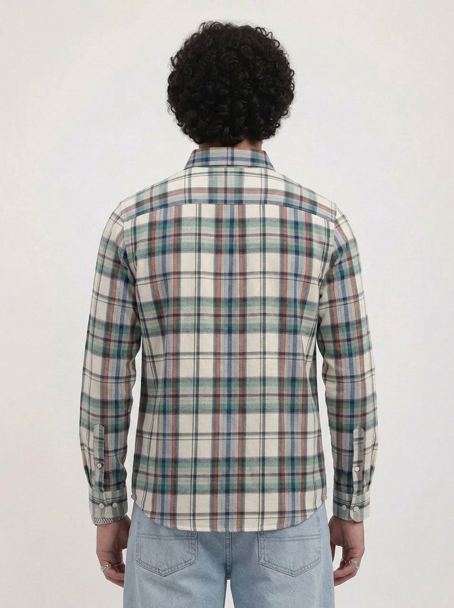 Men's Off White Multi-Check Flannel Cotton Shirt