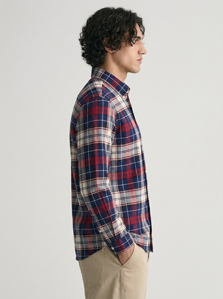 Men's Navy Blue & Red Plaid Flannel Cotton Shirt