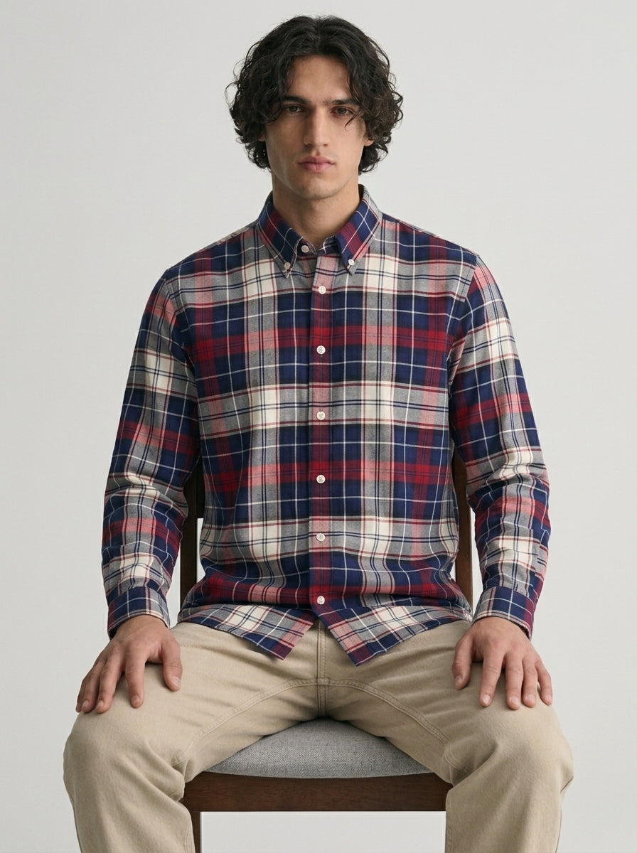Men's Navy Blue & Red Plaid Flannel Cotton Shirt