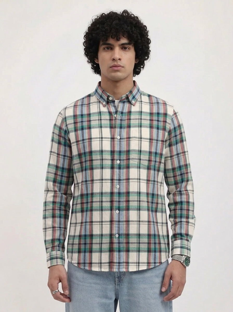 Men's Off White Multi-Check Flannel Cotton Shirt