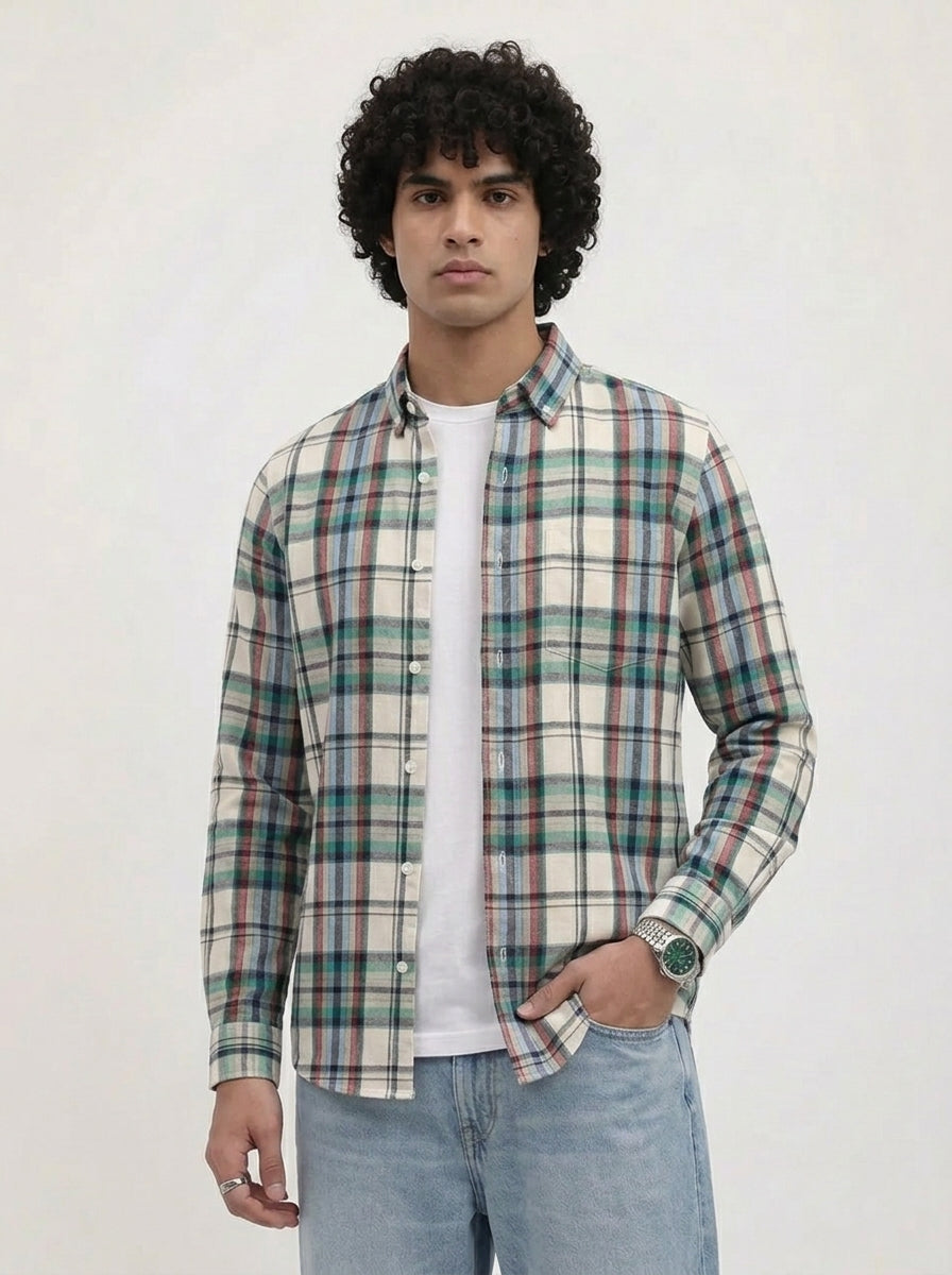 Men's Off White Multi-Check Flannel Cotton Shirt