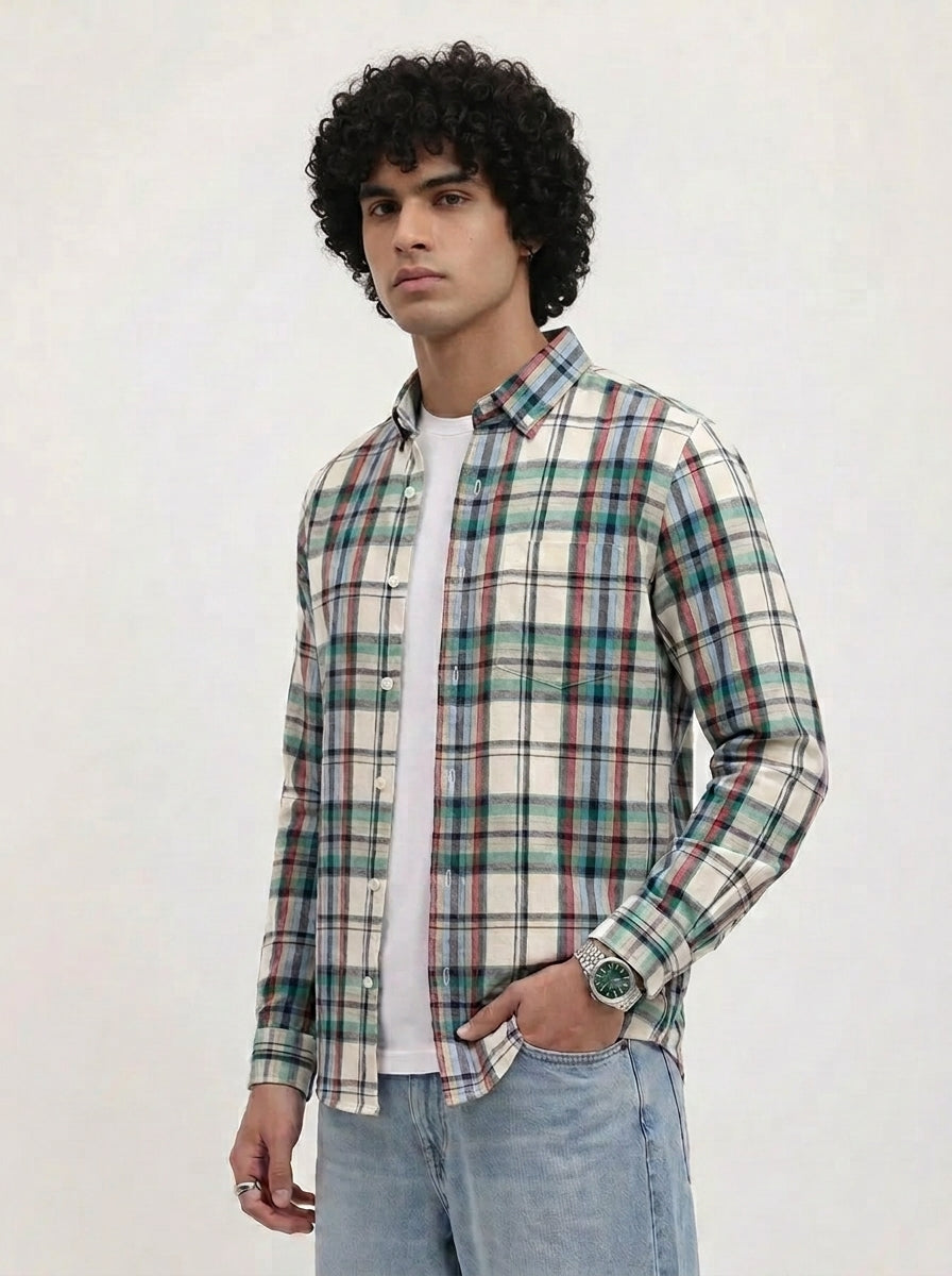 Men's Off White Multi-Check Flannel Cotton Shirt