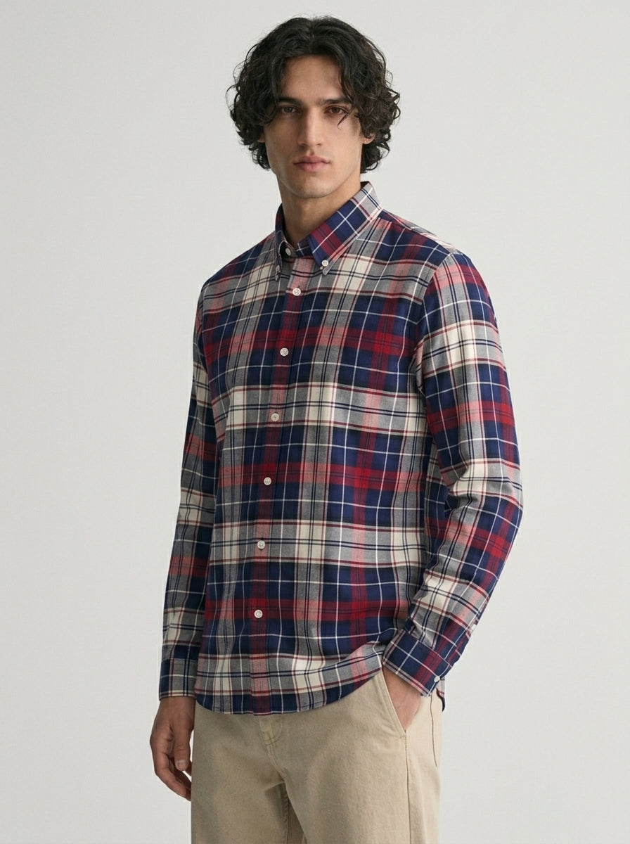 Men's Navy Blue & Red Plaid Flannel Cotton Shirt