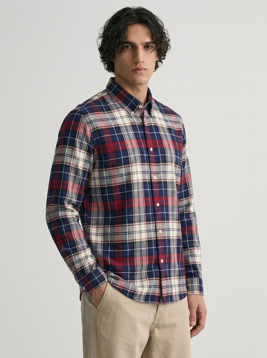 Men's Navy Blue & Red Plaid Flannel Cotton Shirt