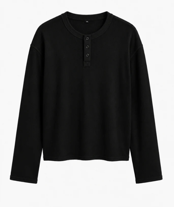 Black Henly Waffle Knit