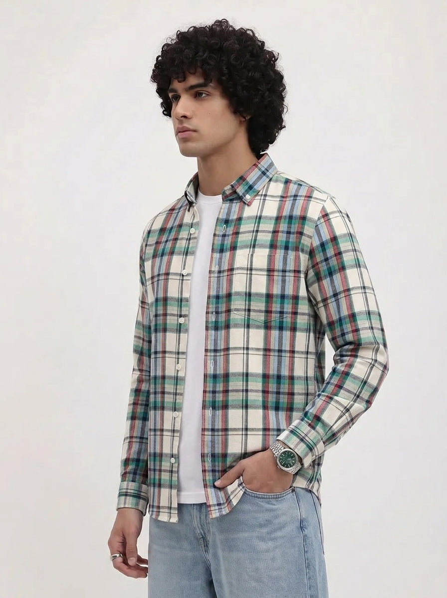 Men's Off White Multi-Check Flannel Cotton Shirt
