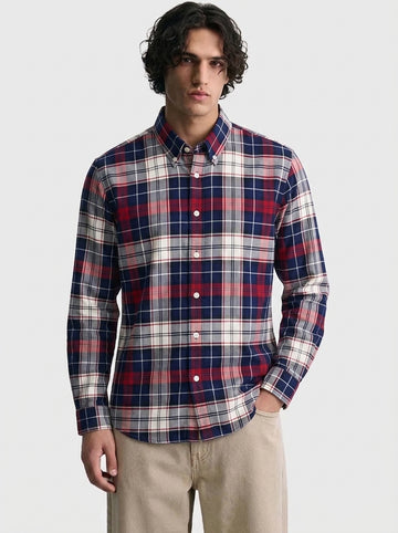 Men's Navy Blue & Red Plaid Flannel Cotton Shirt