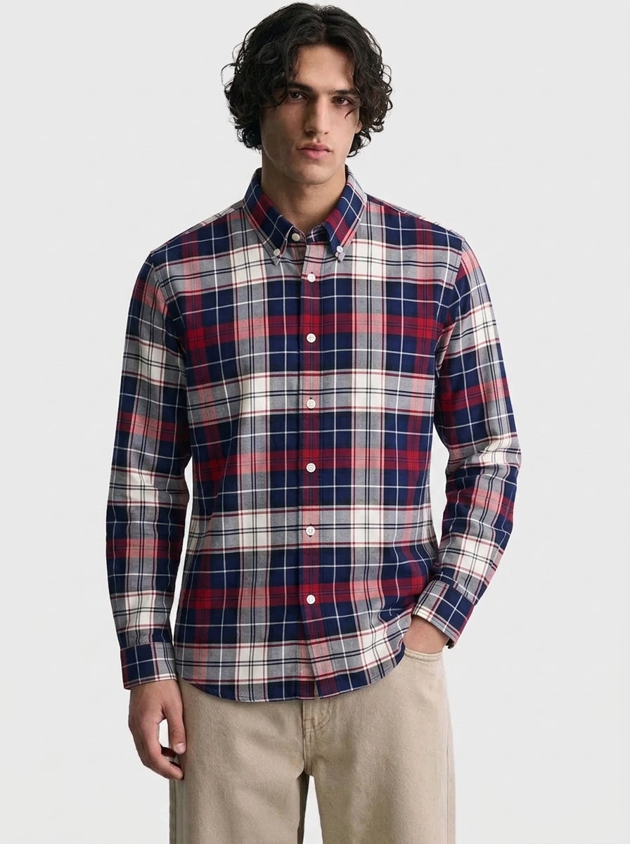 Men's Navy Blue & Red Plaid Flannel Cotton Shirt