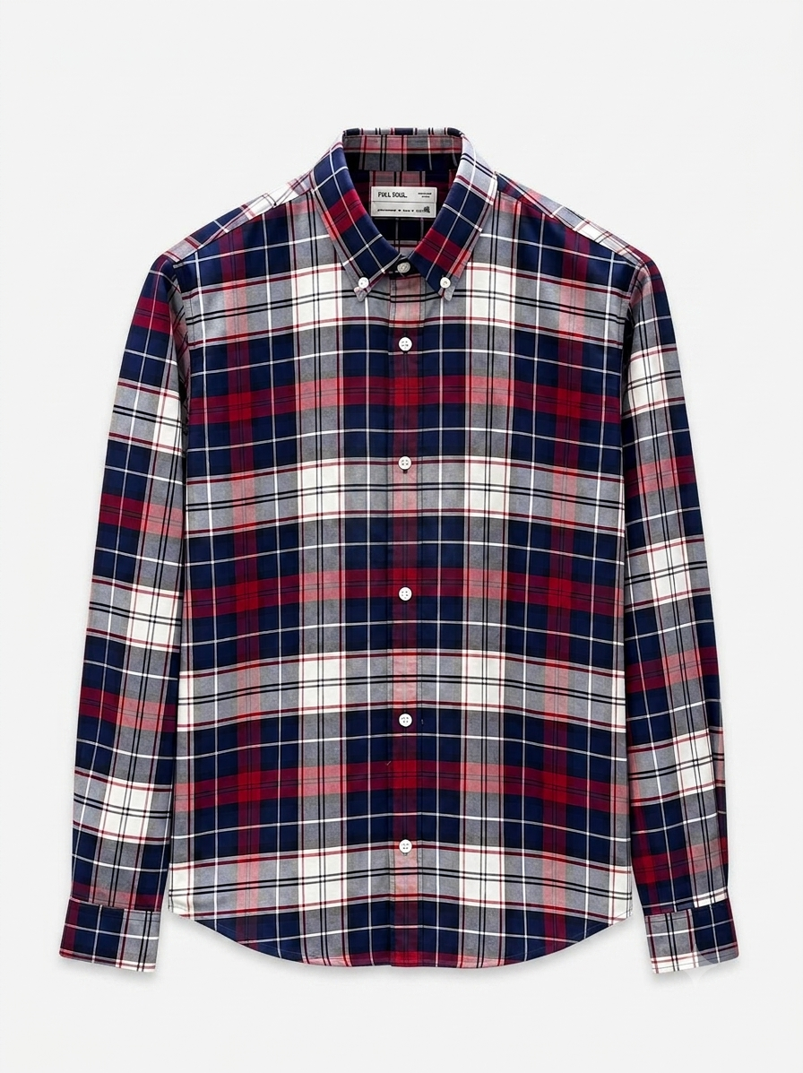 Men's Navy Blue & Red Plaid Flannel Cotton Shirt