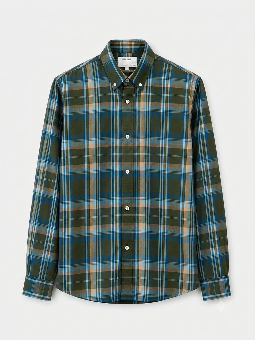 Men's Olive Green & Blue Flannel Check Cotton Shirt